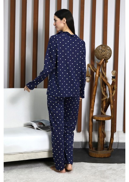 Desenli Düğmeli Uzun Kol Süprem Kadın Ikili Pijama Takımı VG124