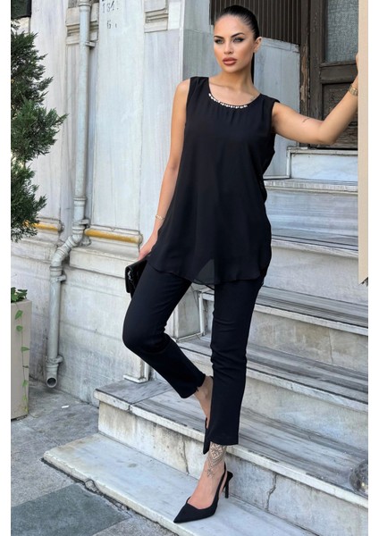 Kadın Siyah Inci Detaylı Sıfır Kol Şifon Tunik Bluz fiyatları
