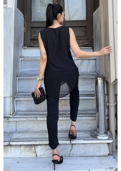 Kadın Siyah Inci Detaylı Sıfır Kol Şifon Tunik Bluz modelleri