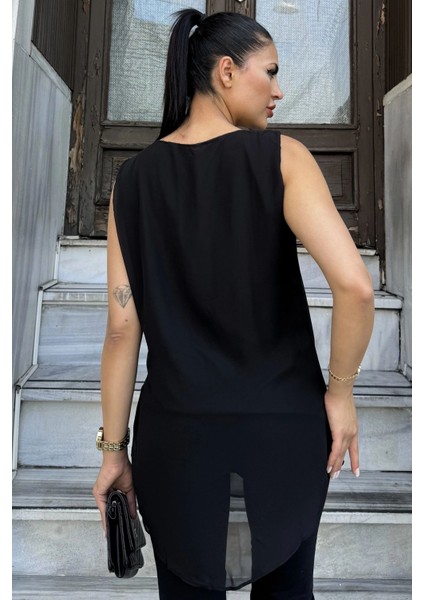 Kadın Siyah Inci Detaylı Sıfır Kol Şifon Tunik Bluz fırsatları