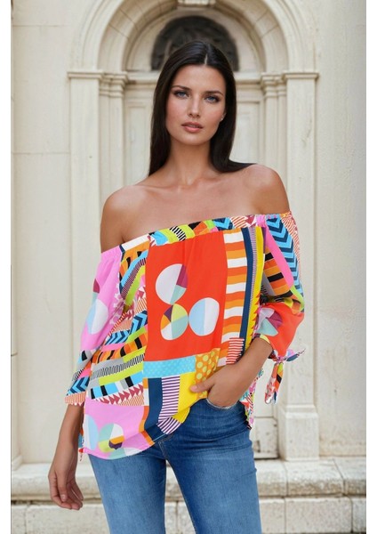 Renk Bloklu, Madonna Yaka, Kolları Bağlama Detaylı, Bluz