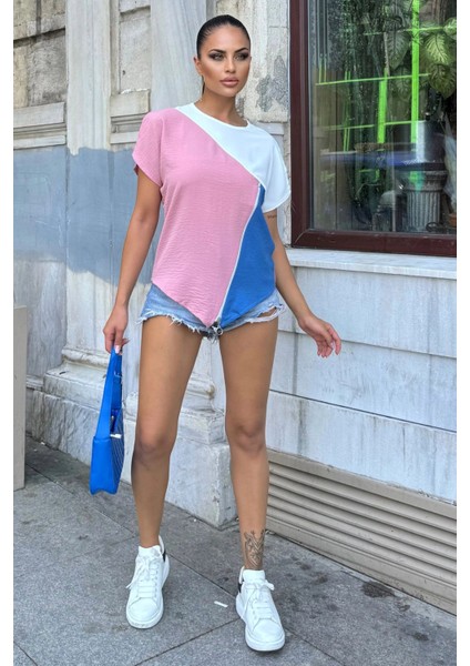 Pudra & Mavi Kısa Kollu, Renk Bloklu Asimetrik Kesim, Omuz ve Fermuar Detaylı, Salaş Airobin Bluz fiyatları