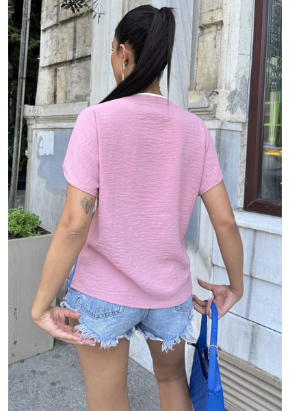 Pudra & Mavi Kısa Kollu, Renk Bloklu Asimetrik Kesim, Omuz ve Fermuar Detaylı, Salaş Airobin Bluz fırsatları