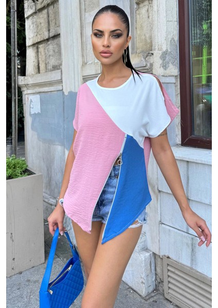 Pudra & Mavi Kısa Kollu, Renk Bloklu Asimetrik Kesim, Omuz ve Fermuar Detaylı, Salaş Airobin Bluz indirimleri