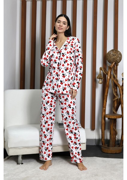 Desenli Düğmeli Uzun Kol Süprem Kadın Ikili Pijama Takımı VG124