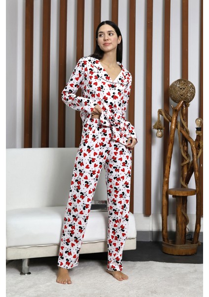 Desenli Düğmeli Uzun Kol Süprem Kadın Ikili Pijama Takımı VG124