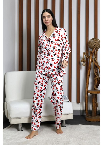 Desenli Düğmeli Uzun Kol Süprem Kadın Ikili Pijama Takımı VG124