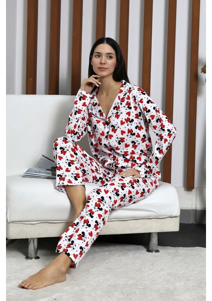 Desenli Düğmeli Uzun Kol Süprem Kadın Ikili Pijama Takımı VG124