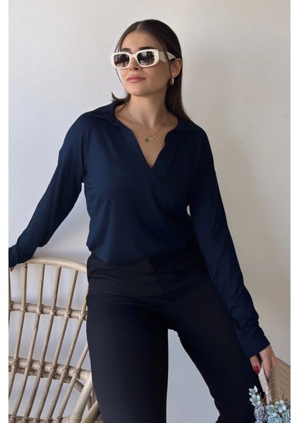 Kadın Laci Polo Yaka Basic Bluz, Uzun Kol, Regular Kesim, Günlük ve Spor Kaliteli Kumaş Sweatshirt