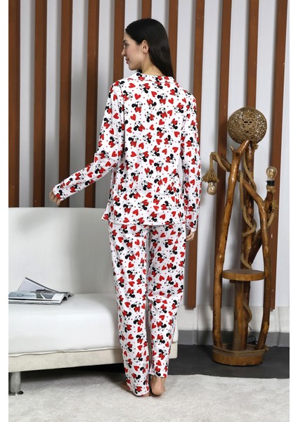 Desenli Düğmeli Uzun Kol Süprem Kadın Ikili Pijama Takımı VG124