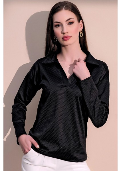 Kadın Siyah Modern Tarz Kendinden Dokulu Polo Yaka Bluz Sweatshirt