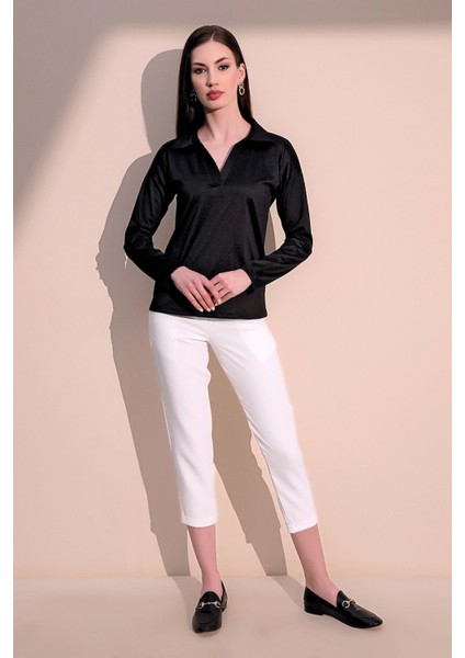 Kadın Siyah Modern Tarz Kendinden Dokulu Polo Yaka Bluz Sweatshirt fiyatları