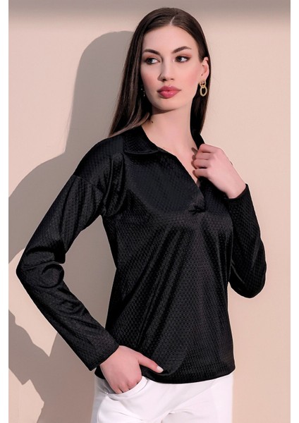 Kadın Siyah Modern Tarz Kendinden Dokulu Polo Yaka Bluz Sweatshirt modelleri