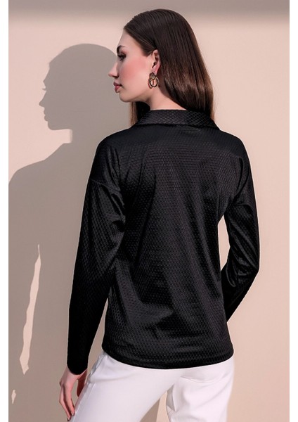 Kadın Siyah Modern Tarz Kendinden Dokulu Polo Yaka Bluz Sweatshirt fırsatları
