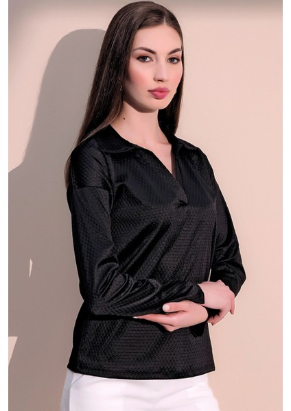 Kadın Siyah Modern Tarz Kendinden Dokulu Polo Yaka Bluz Sweatshirt indirimleri