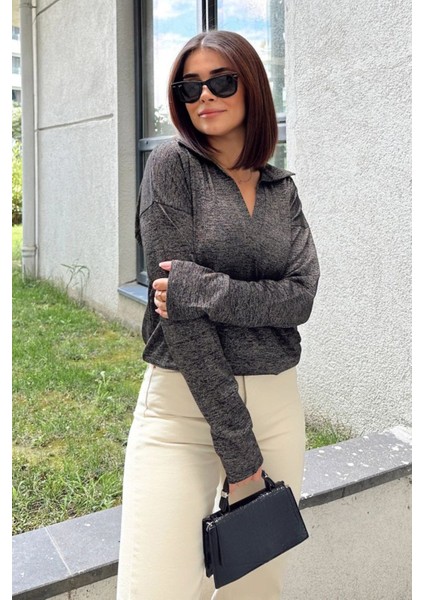 Kadın Antrasit Polo Yaka Basic Bluz, Uzun Kol, Regular Kesim, Günlük ve Spor Sweatshirt