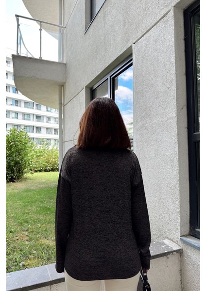 Kadın Antrasit Polo Yaka Basic Bluz, Uzun Kol, Regular Kesim, Günlük ve Spor Sweatshirt
