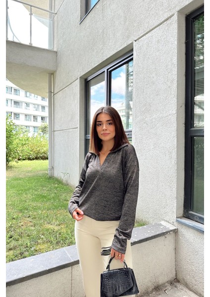 Kadın Antrasit Polo Yaka Basic Bluz, Uzun Kol, Regular Kesim, Günlük ve Spor Sweatshirt