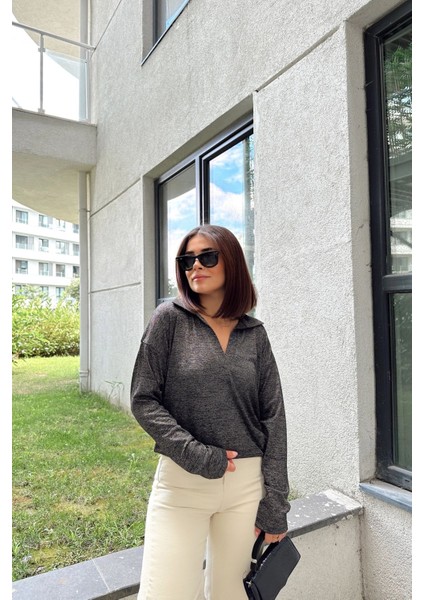 Kadın Antrasit Polo Yaka Basic Bluz, Uzun Kol, Regular Kesim, Günlük ve Spor Sweatshirt