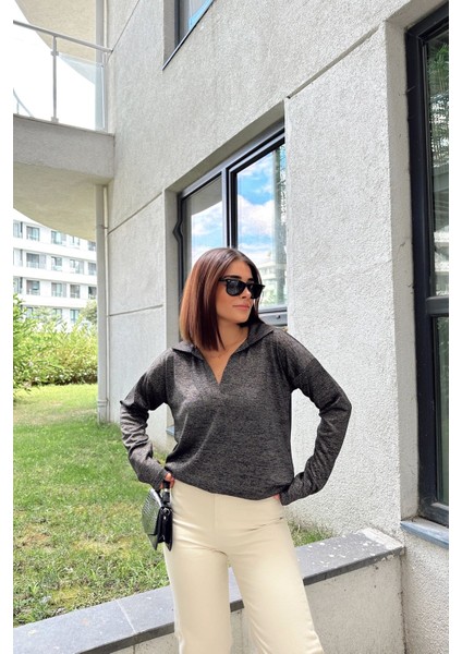 Kadın Antrasit Polo Yaka Basic Bluz, Uzun Kol, Regular Kesim, Günlük ve Spor Sweatshirt