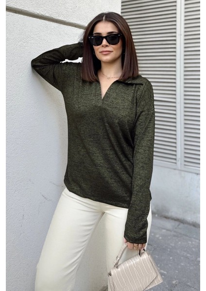 Kadın Haki Polo Yaka Basic Bluz, Uzun Kol, Regular Kesim, Günlük ve Spor Kaliteli Kumaş Sweatshirt