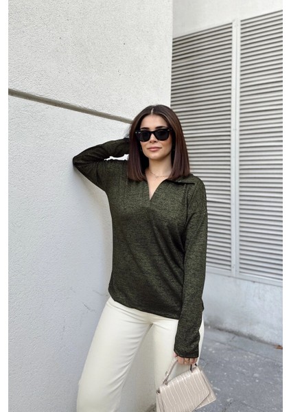 Kadın Haki Polo Yaka Basic Bluz, Uzun Kol, Regular Kesim, Günlük ve Spor Kaliteli Kumaş Sweatshirt