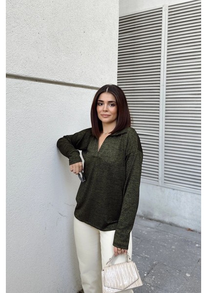 Kadın Haki Polo Yaka Basic Bluz, Uzun Kol, Regular Kesim, Günlük ve Spor Kaliteli Kumaş Sweatshirt