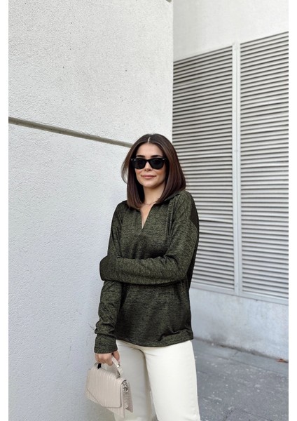 Kadın Haki Polo Yaka Basic Bluz, Uzun Kol, Regular Kesim, Günlük ve Spor Kaliteli Kumaş Sweatshirt