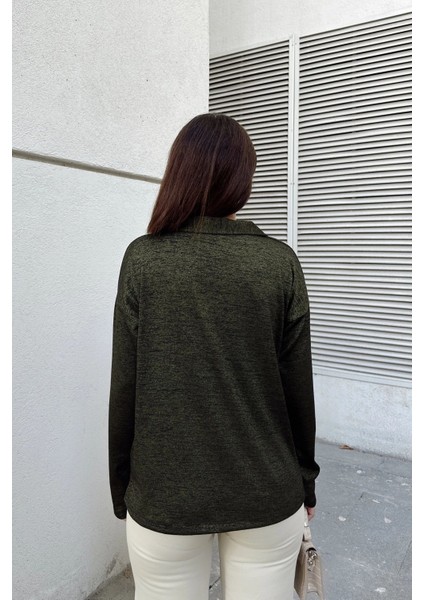 Kadın Haki Polo Yaka Basic Bluz, Uzun Kol, Regular Kesim, Günlük ve Spor Kaliteli Kumaş Sweatshirt