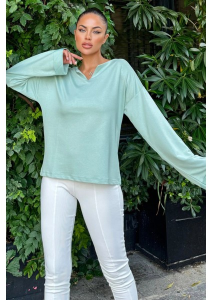 Mint Katlama Kollu Pamuklu Bluz