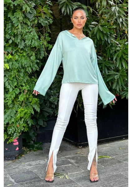 Mint Katlama Kollu Pamuklu Bluz fiyatları