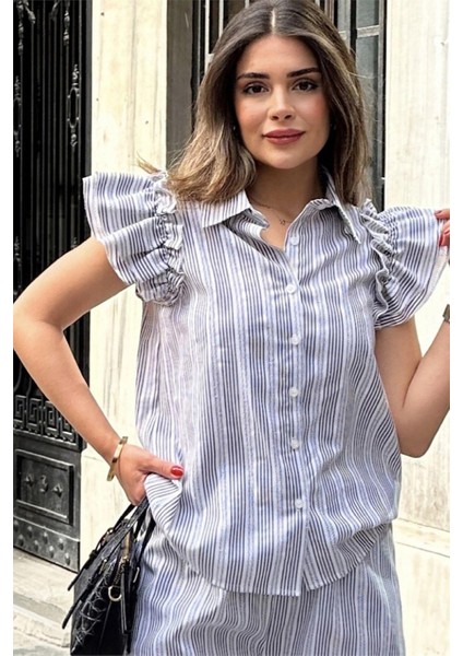 Kadın Siyah Kısa Kol, Omuzları Flare Fırfır Tasarımlı, Terletmez, Çizgi Desenli Fisto Gömlek fiyatları