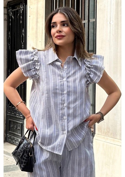 Kadın Siyah Kısa Kol, Omuzları Flare Fırfır Tasarımlı, Terletmez, Çizgi Desenli Fisto Gömlek modelleri