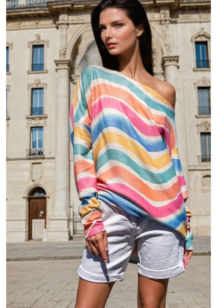 Mix Renk, Asimetrik Yaka, Salaş Kesim, Uzun Kollu Bluz