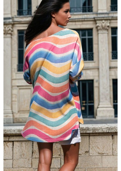 Mix Renk, Asimetrik Yaka, Salaş Kesim, Uzun Kollu Bluz fiyatları