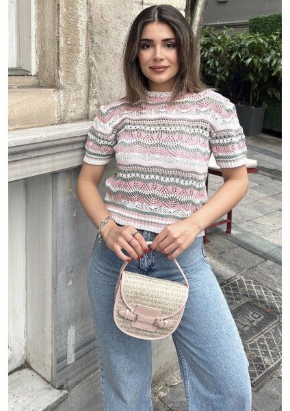 Kadın Ekru Kısa Kol, Terletmez, Salaş Kalıp, Triko Örme Bluz