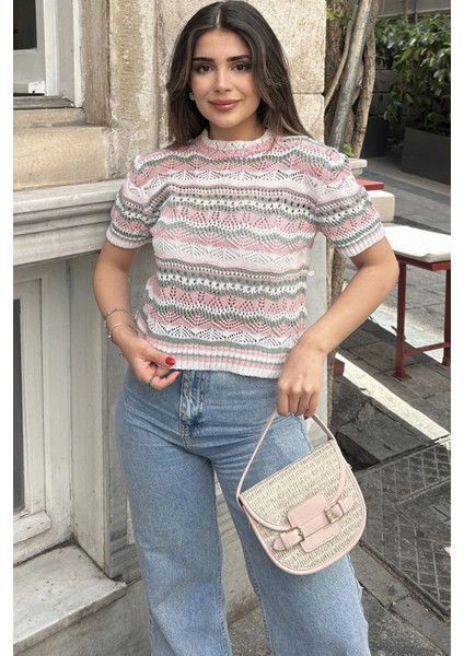 Kadın Ekru Kısa Kol, Terletmez, Salaş Kalıp, Triko Örme Bluz modelleri