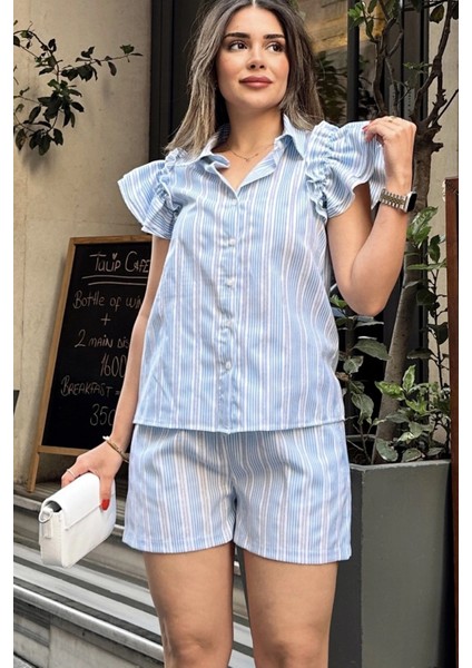 Kadın Mavi Kısa Kol, Omuzları Flare Fırfır Tasarımlı, Terletmez, Çizgi Desenli Fisto Gömlek