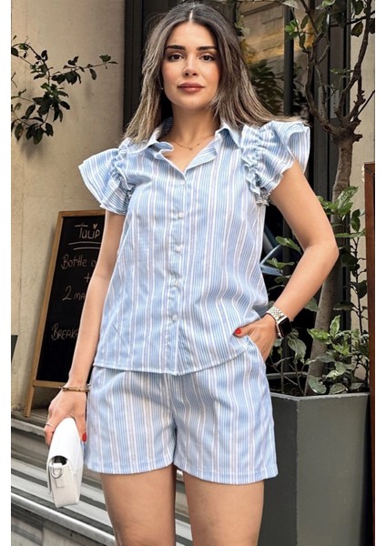 Kadın Mavi Kısa Kol, Omuzları Flare Fırfır Tasarımlı, Terletmez, Çizgi Desenli Fisto Gömlek modelleri