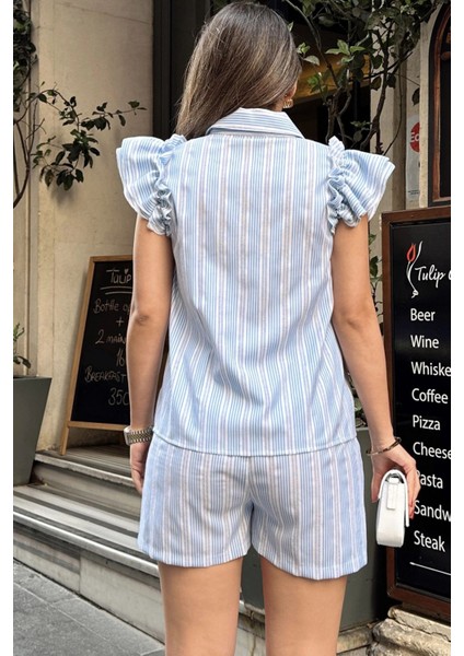 Kadın Mavi Kısa Kol, Omuzları Flare Fırfır Tasarımlı, Terletmez, Çizgi Desenli Fisto Gömlek indirimleri