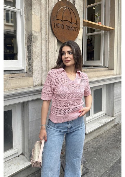 Kadın Pembe Ajurlu Merserize Triko Örme, Terletmez, Salaş Kalıp, Polo Yaka Bluz