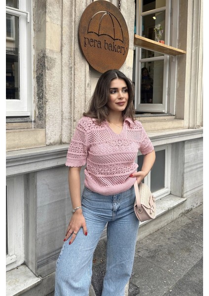 Kadın Pembe Ajurlu Merserize Triko Örme, Terletmez, Salaş Kalıp, Polo Yaka Bluz