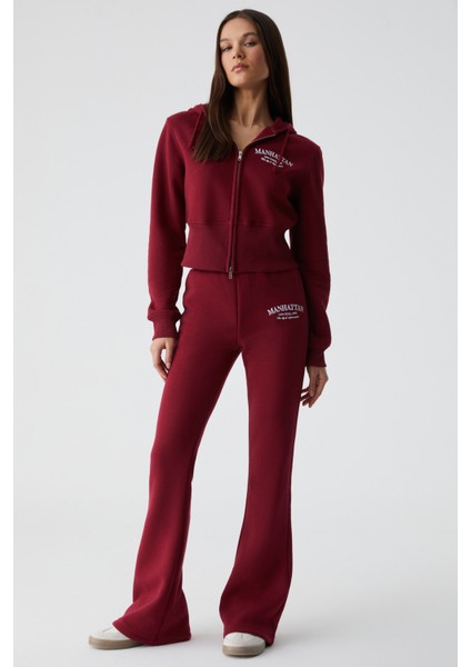 Iressen Kadın Nakış Desenli Regular Fit Bordo Eşofman Altı