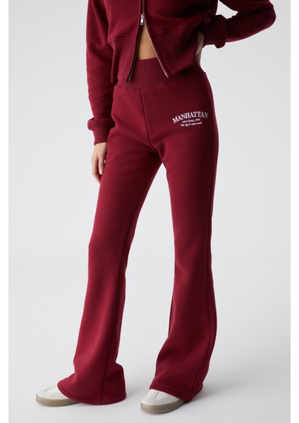 Iressen Kadın Nakış Desenli Regular Fit Bordo Eşofman Altı