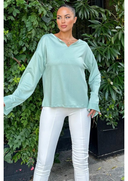 Mint Katlama Kollu Pamuklu Bluz indirimleri