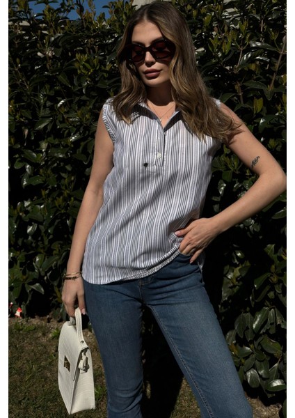 Kadın Laci Çizgili, Dokulu Yazlık Kumaş, Yarım Patlı, Sıfır Kollu Bluz fiyatları