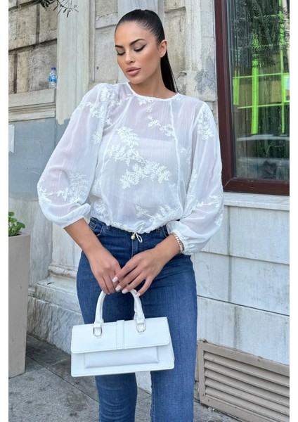 Ekru Nakışlı Bürümcük Şifon Bluz