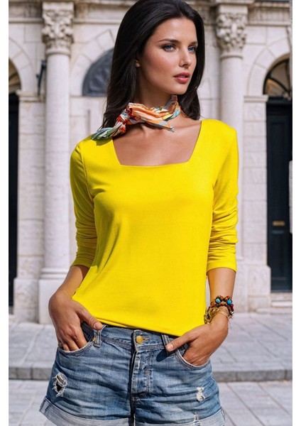 Açık Sarı, Kare Yaka, Uzun Kollu, Basic Bluz