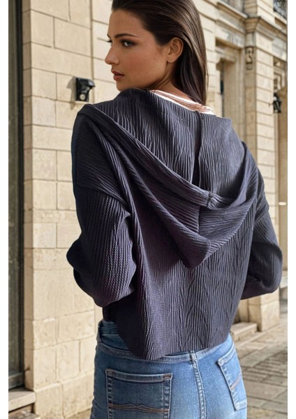 Lacivert Yarım Fermuarlı, Kapüşonlu, Casual Bluz
