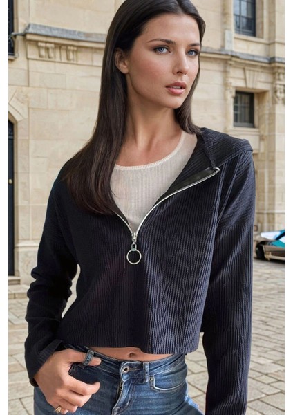 Lacivert Yarım Fermuarlı, Kapüşonlu, Casual Bluz